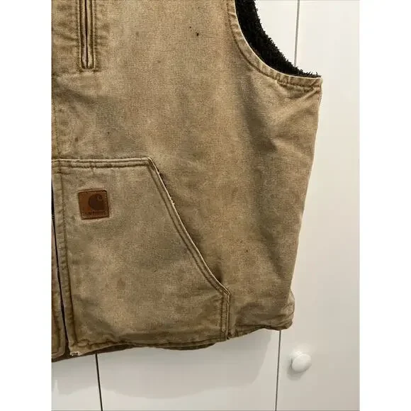 Carhartt V33-211 Thrashed & Faded Brown Mock Neck Sherpa Lined Work Vest Size XL